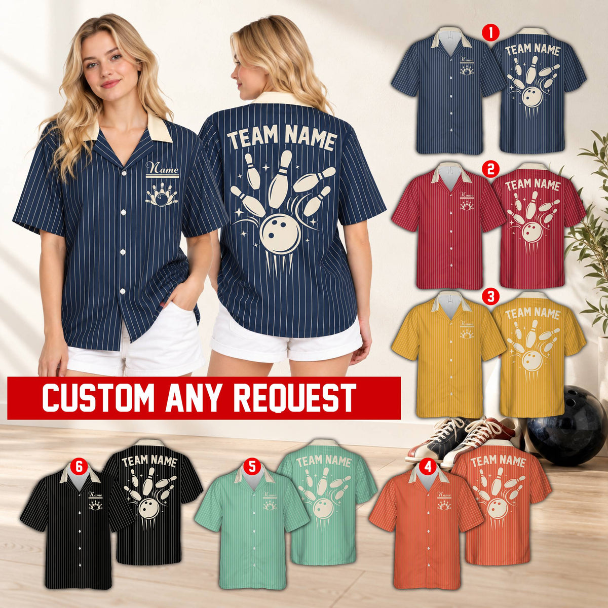 Family wearing matching retro hawaiian bowling shirts in various colors
