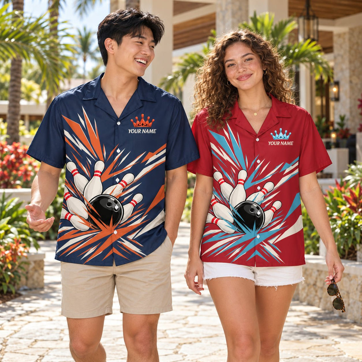 Lifestyle view of matching family hawaiian shirts with a retro bowling design