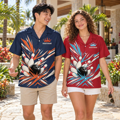 Lifestyle view of matching family hawaiian shirts with a retro bowling design