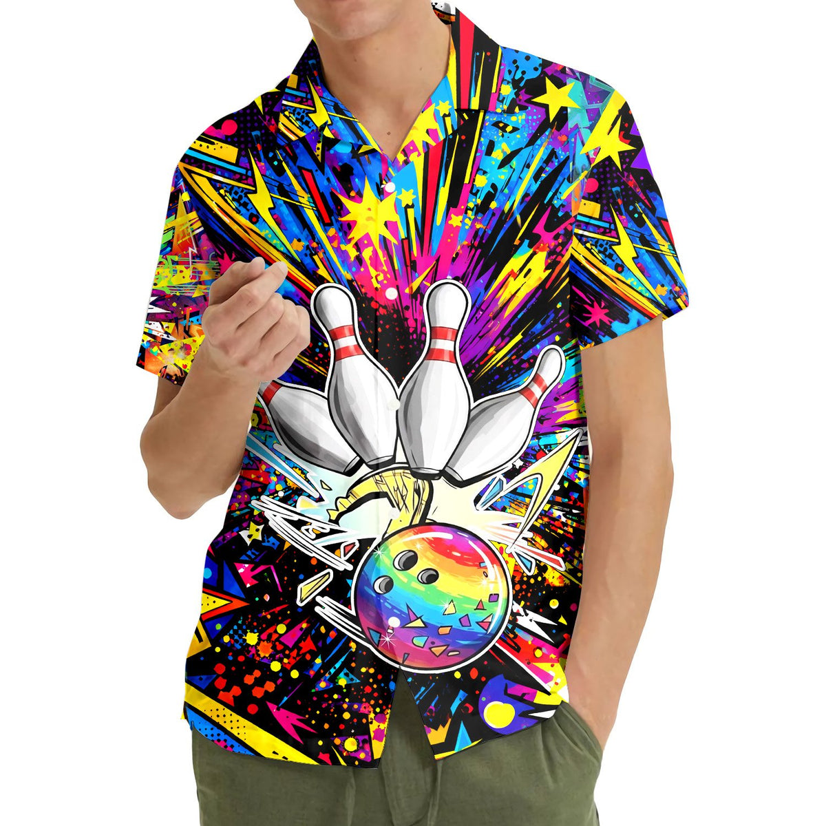Lifestyle view of someone wearing the bright bowling hawaiian shirt