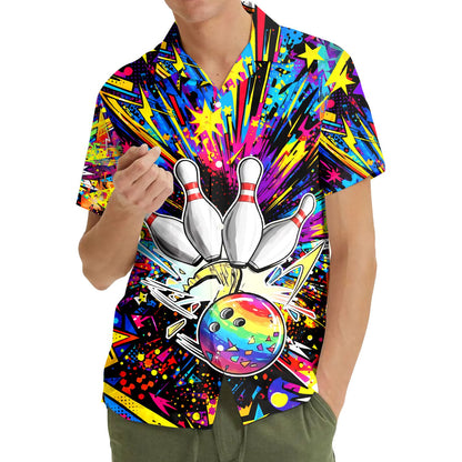 Lifestyle view of someone wearing the bright bowling hawaiian shirt