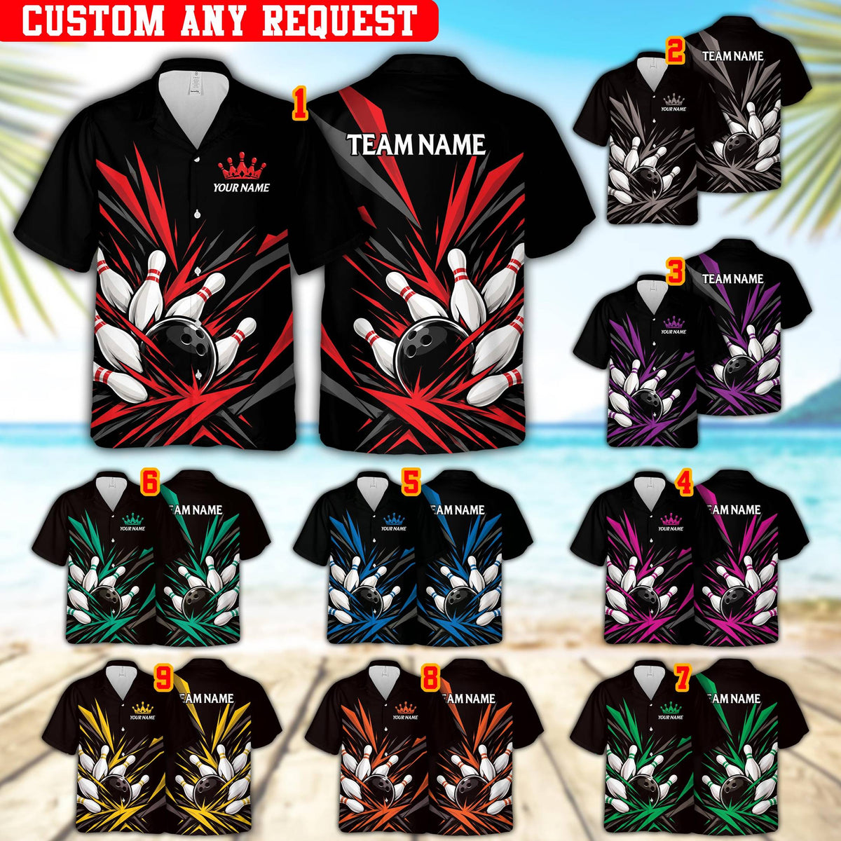 Additional view highlighting the vibrant colorful shards and team name on the back of the bowling hawaiian shirt