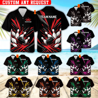 Additional view highlighting the vibrant colorful shards and team name on the back of the bowling hawaiian shirt