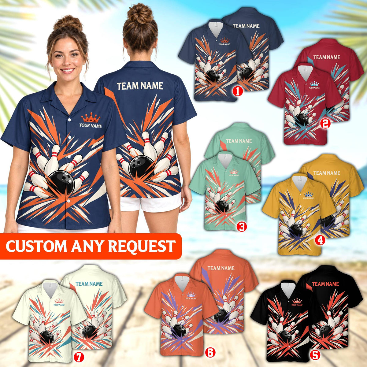 Multicolor layout showcasing the retro bowling hawaiian shirt design and personalization