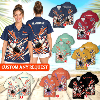 Multicolor layout showcasing the retro bowling hawaiian shirt design and personalization