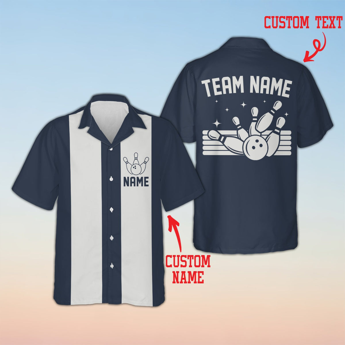 Navy retro bowling hawaiian shirt with central vertical stripe, main view