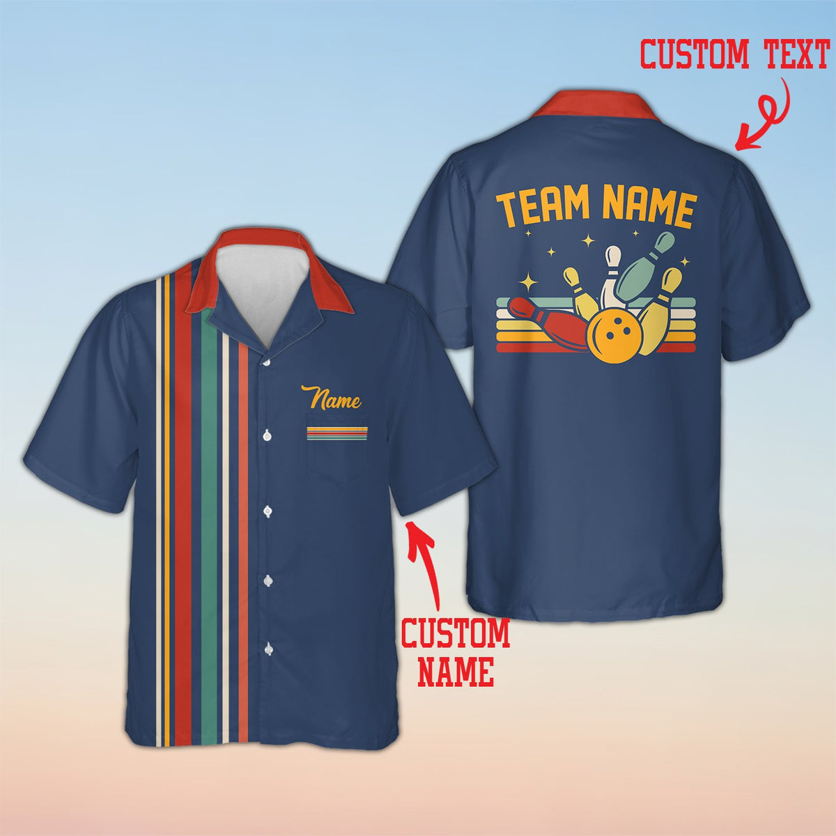 Navy blue personalized bowling hawaiian shirt with custom name and retro stripes, front view