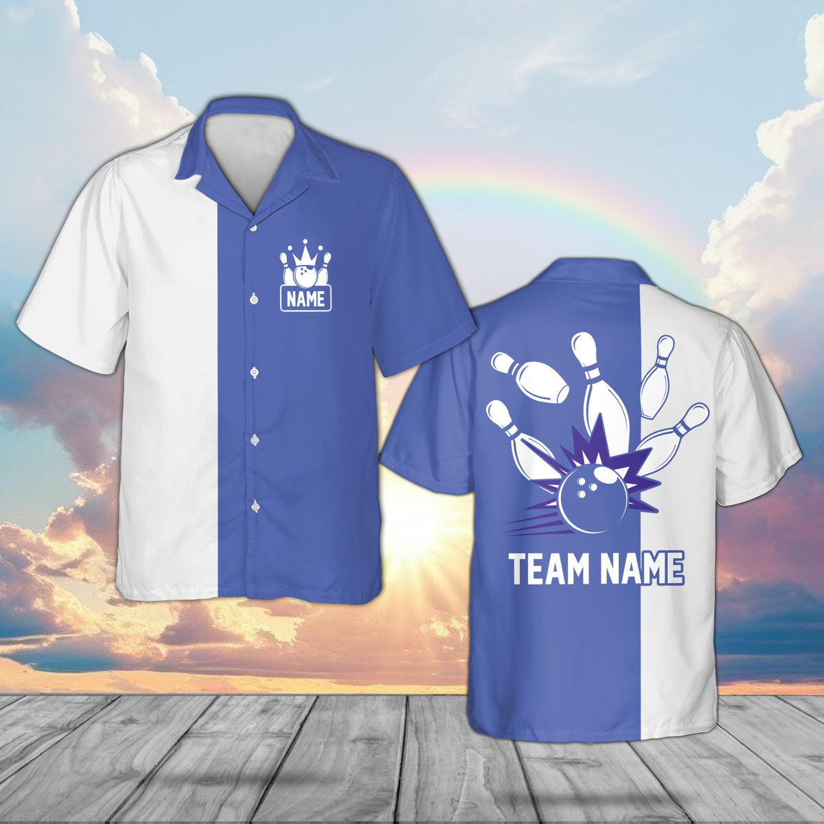 Personalized navy bowling hawaiian shirt with custom name, front view