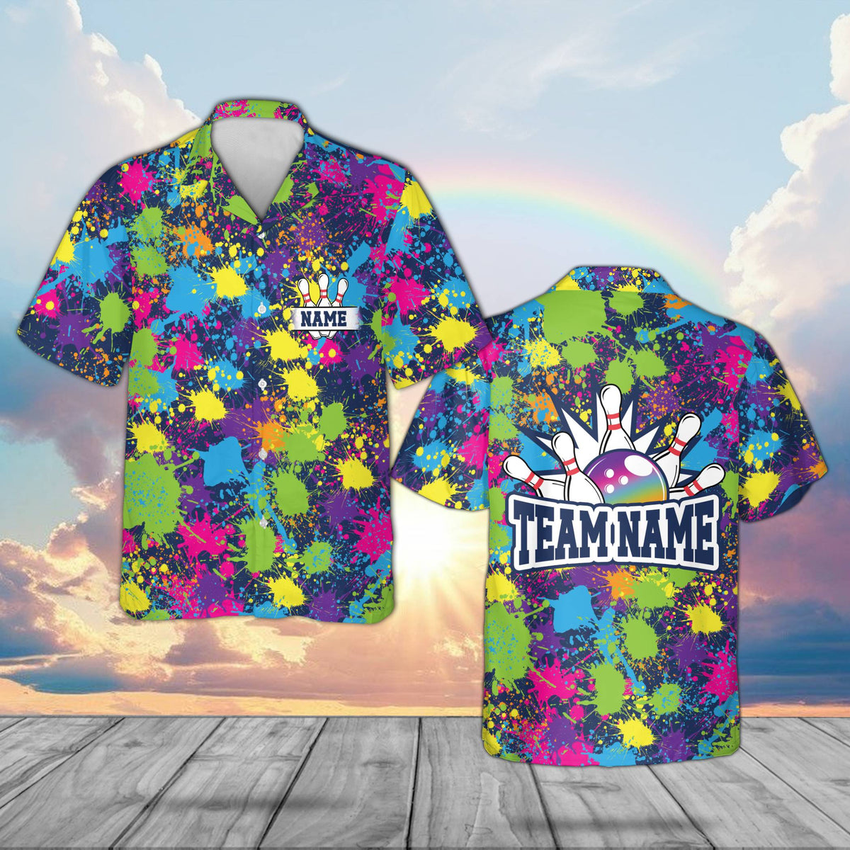 Front view of navy abstract hawaiian shirt with paint splatters