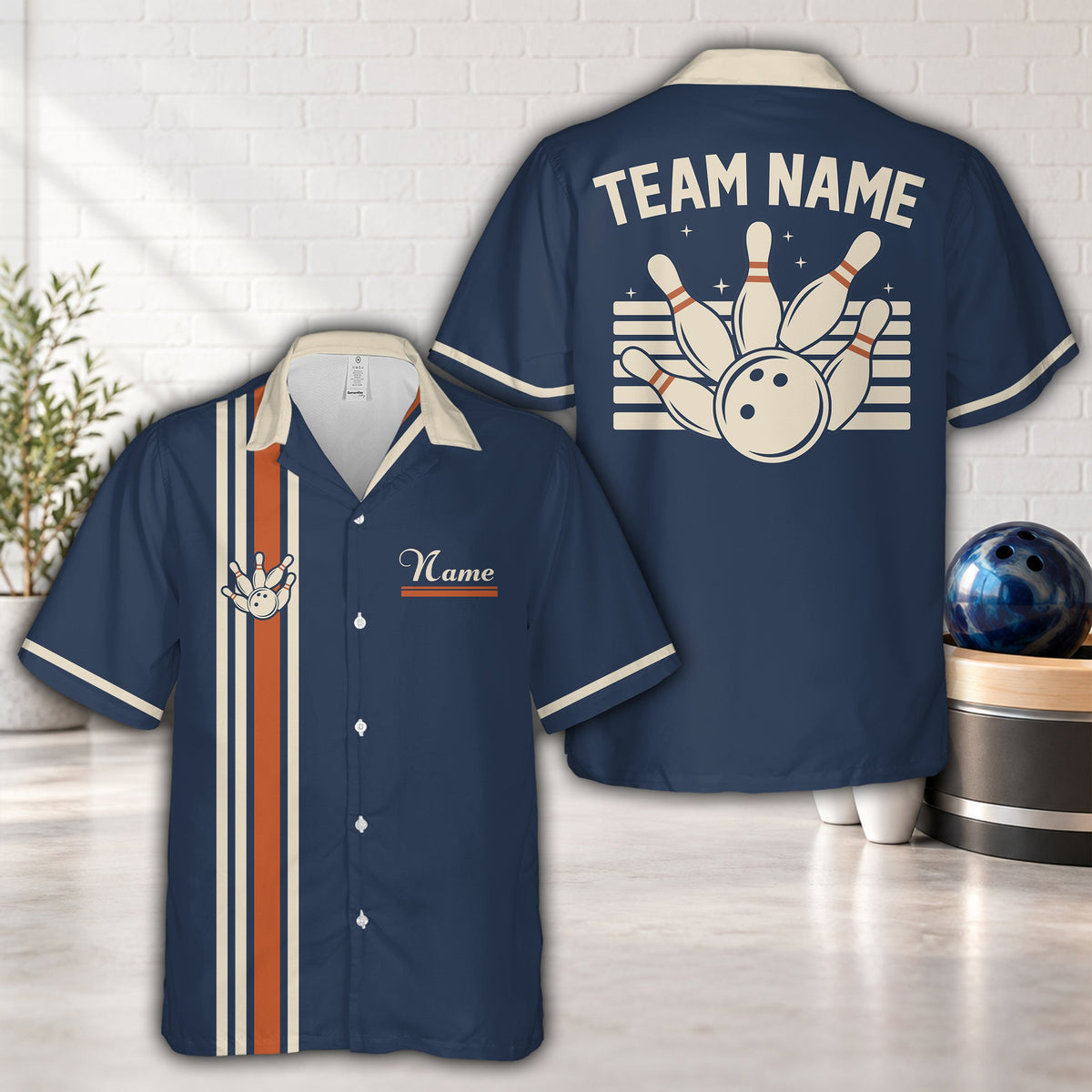 Navy bowling hawaiian shirt front view with custom retro stripes and logo