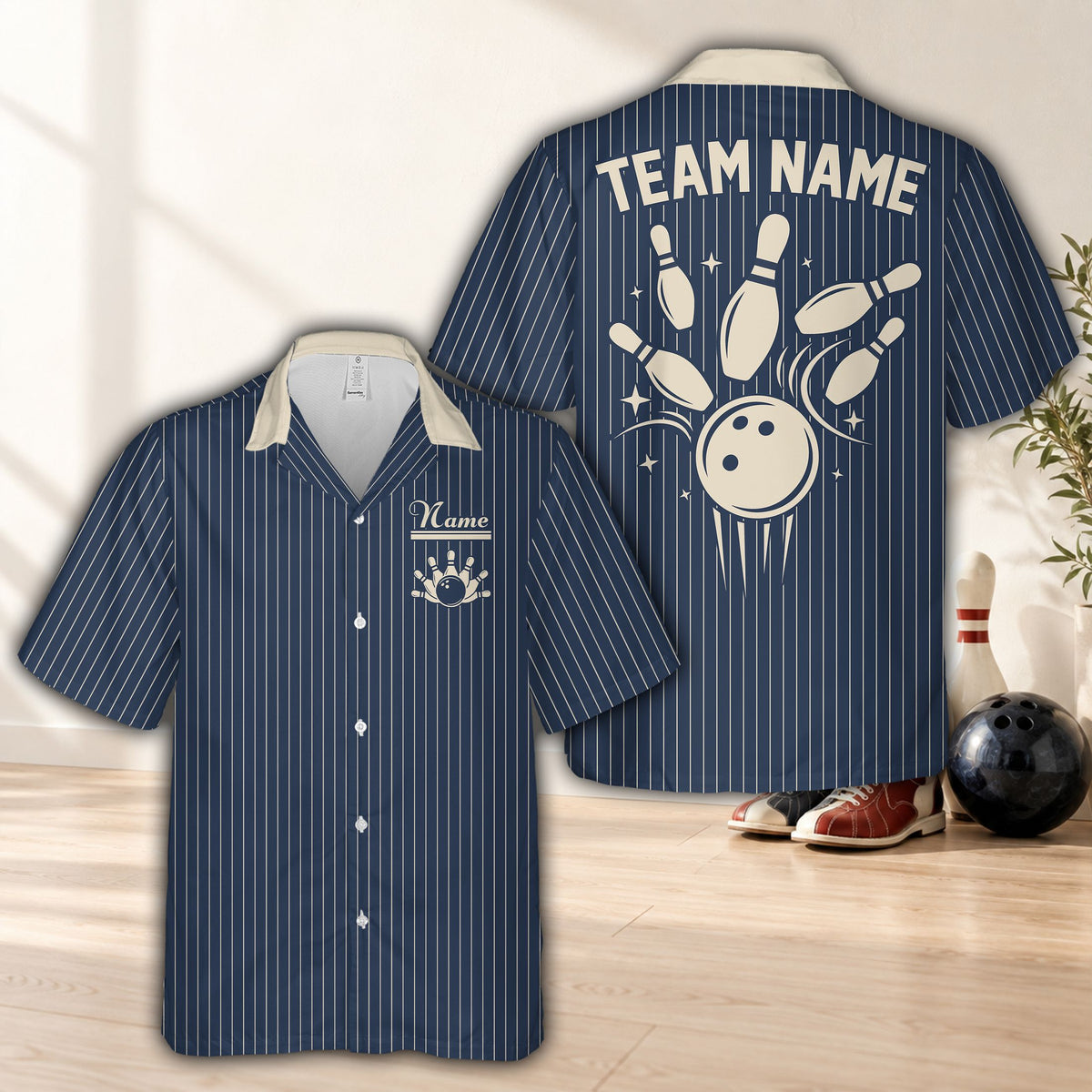 Navy retro hawaiian bowling shirt with custom name and number, front view
