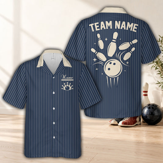 Navy retro hawaiian bowling shirt with custom name and number, front view