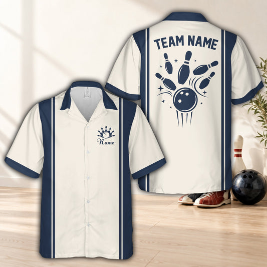 Navy retro matching family hawaiian shirt with custom name and bowling design, front view