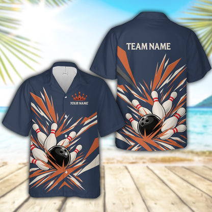 Navy blue personalized bowling hawaiian shirt with custom name and number, front view