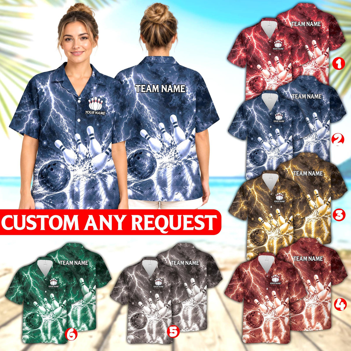 Custom navy bowling hawaiian shirt featuring striking pins and lightning design