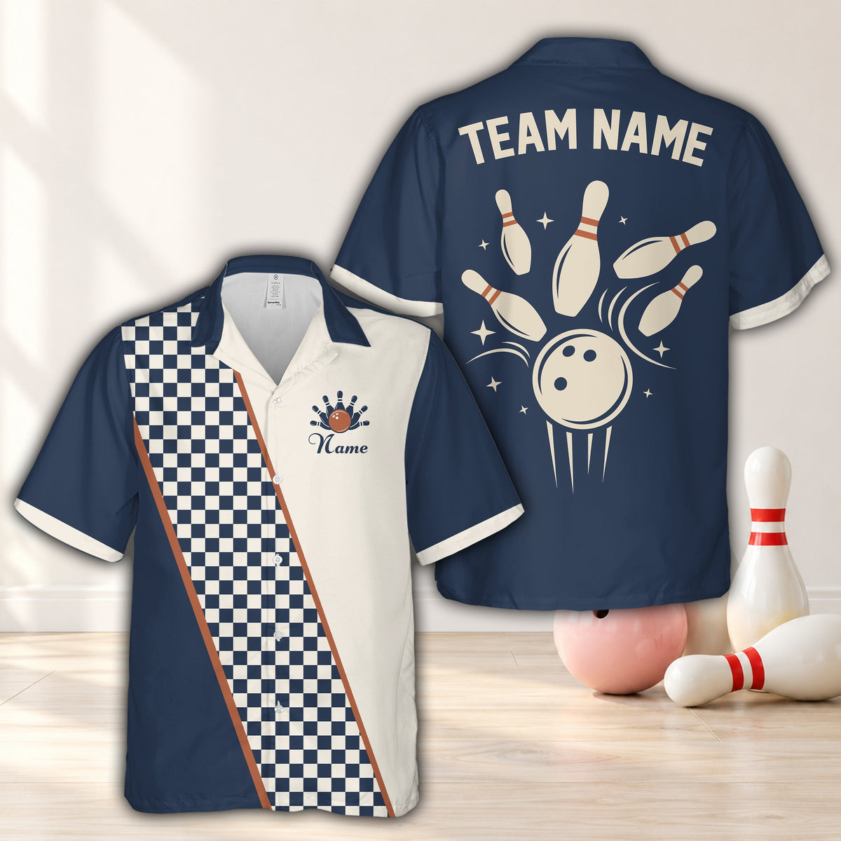 Navy blue retro checkerboard family matching hawaiian shirt, front view
