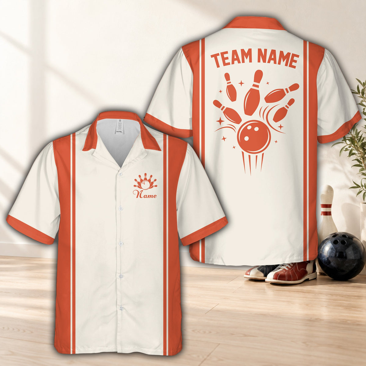 Orange retro matching family hawaiian shirt with custom name, front view