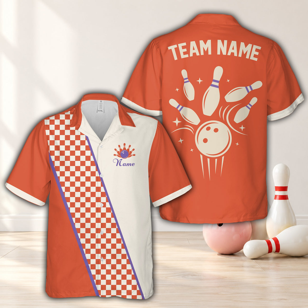 Orange personalized bowling hawaiian shirt with retro checkerboard design, front view