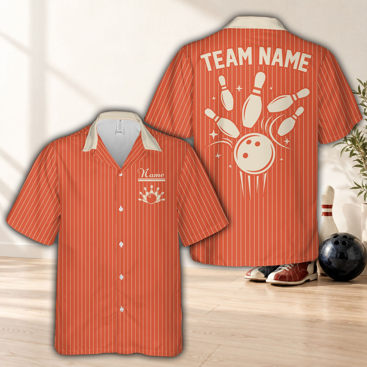 Orange retro hawaiian bowling shirt with custom name and number, front view