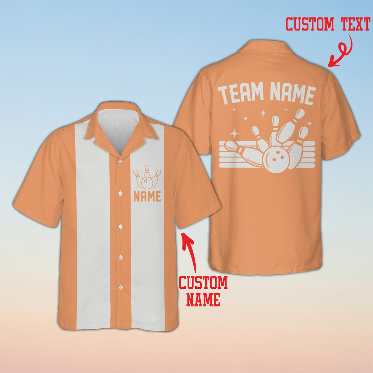 Orange retro bowling hawaiian shirt showing front layout, front view