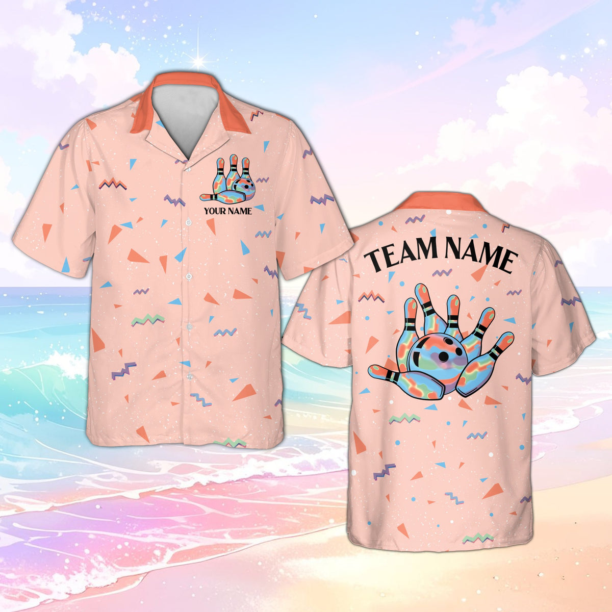 Orange customized bowling hawaiian shirt with geometric pattern