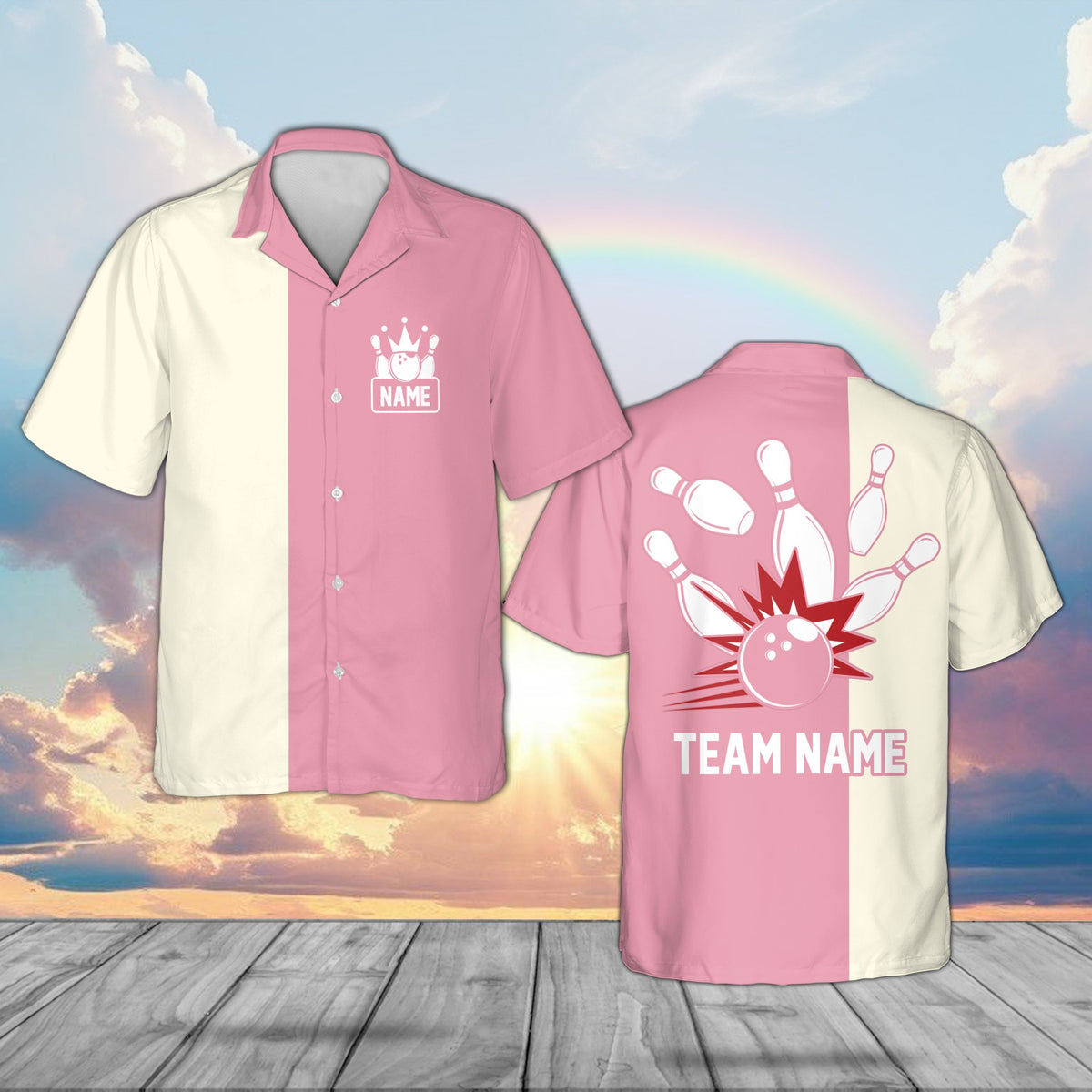 Personalized pink bowling hawaiian shirt with custom name and crown logo, front view