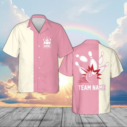 Personalized pink bowling hawaiian shirt with custom name and crown logo, front view
