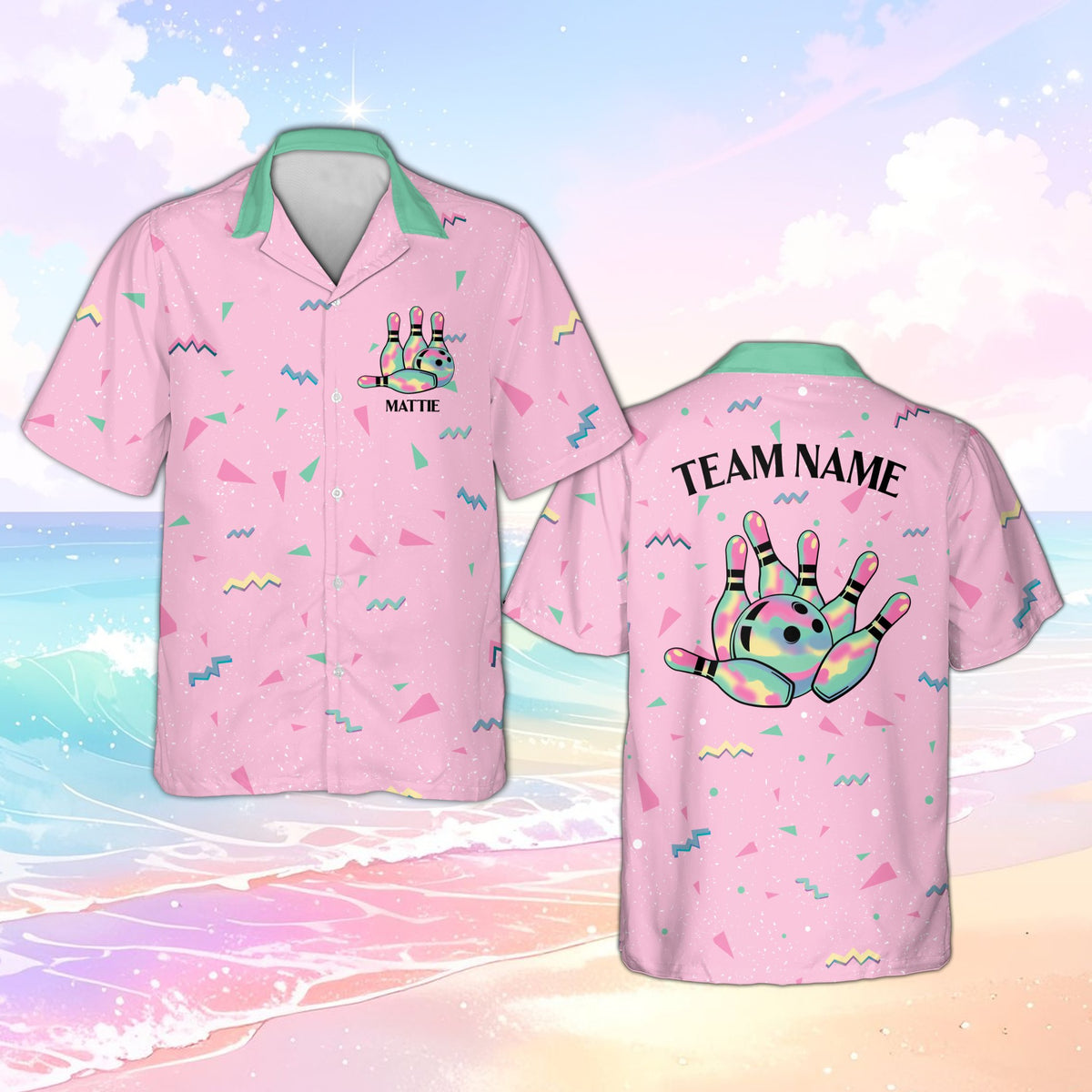 Pink retro 90s bowling hawaiian shirt with geometric pattern and front pocket graphic