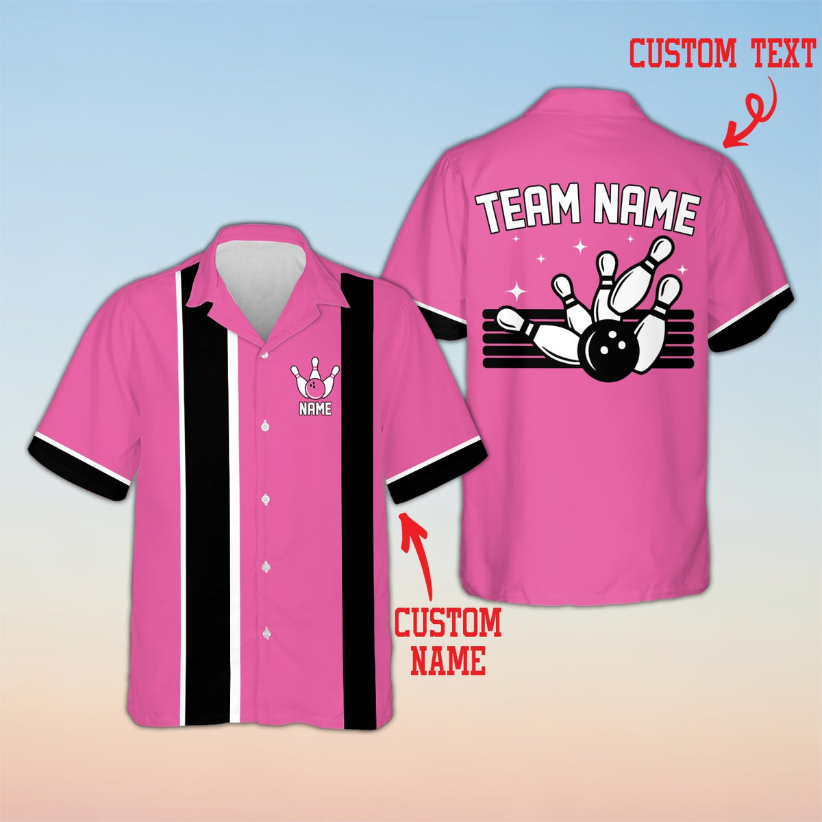 Pink matching family Hawaiian shirt with bowling design, front view