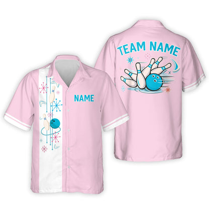 Light pink matching family hawaiian shirt featuring retro bowling theme, front view
