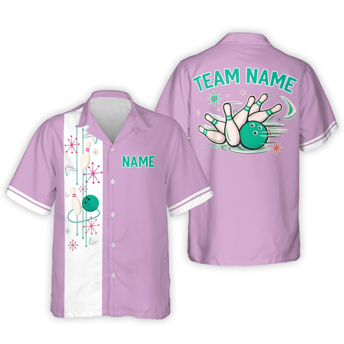 Purple retro bowling hawaiian shirt with vertical white stripe and pins, front view