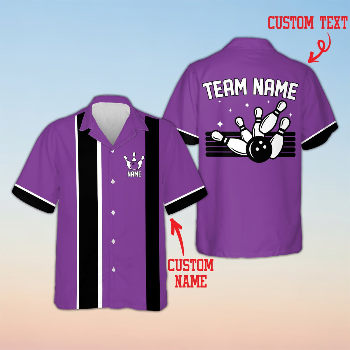 Purple matching family Hawaiian shirt with bowling design, front view