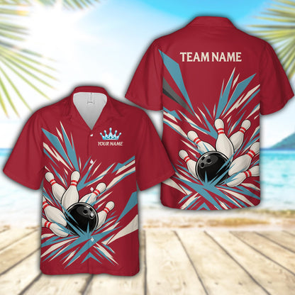 Red personalized bowling hawaiian shirt with custom name and number, front view