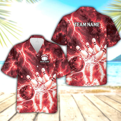 Front view of the personalized red bowling hawaiian shirt