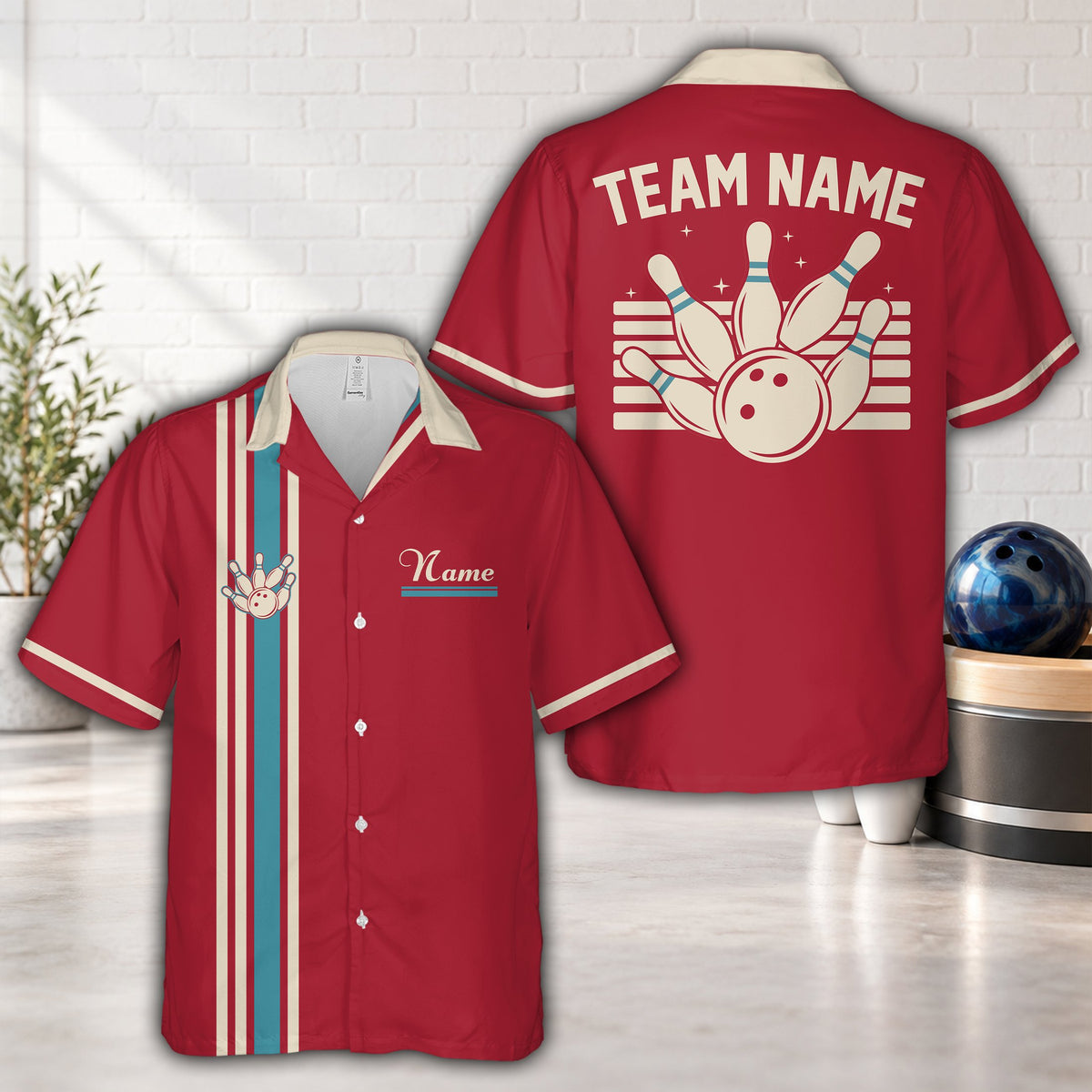 Red matching family hawaiian shirt with front bowling design