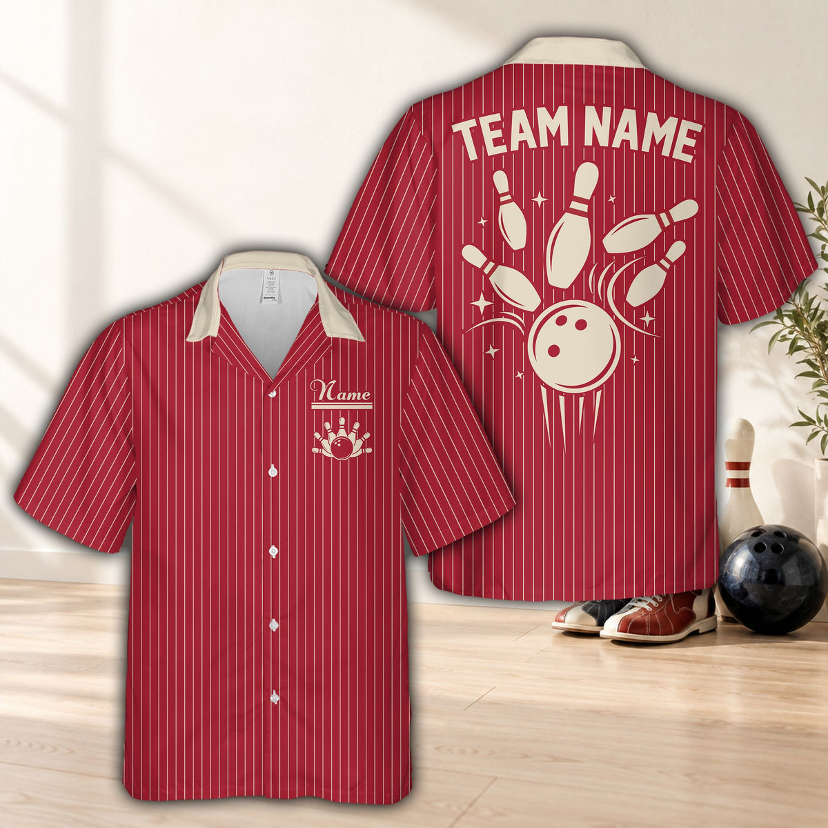 Red retro hawaiian bowling shirt with custom name and number, front view