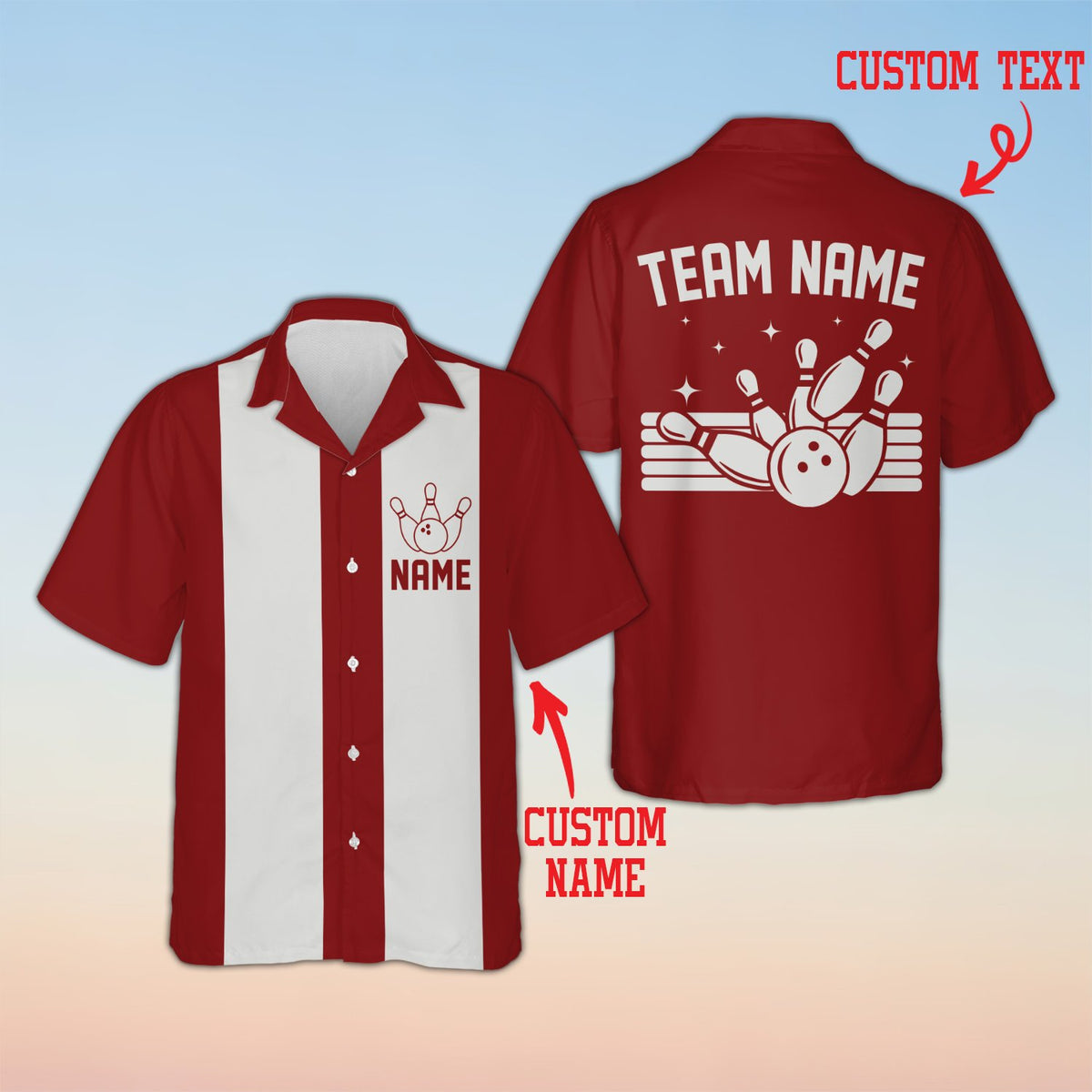 Red retro bowling hawaiian shirt with stripe and pin design, front view