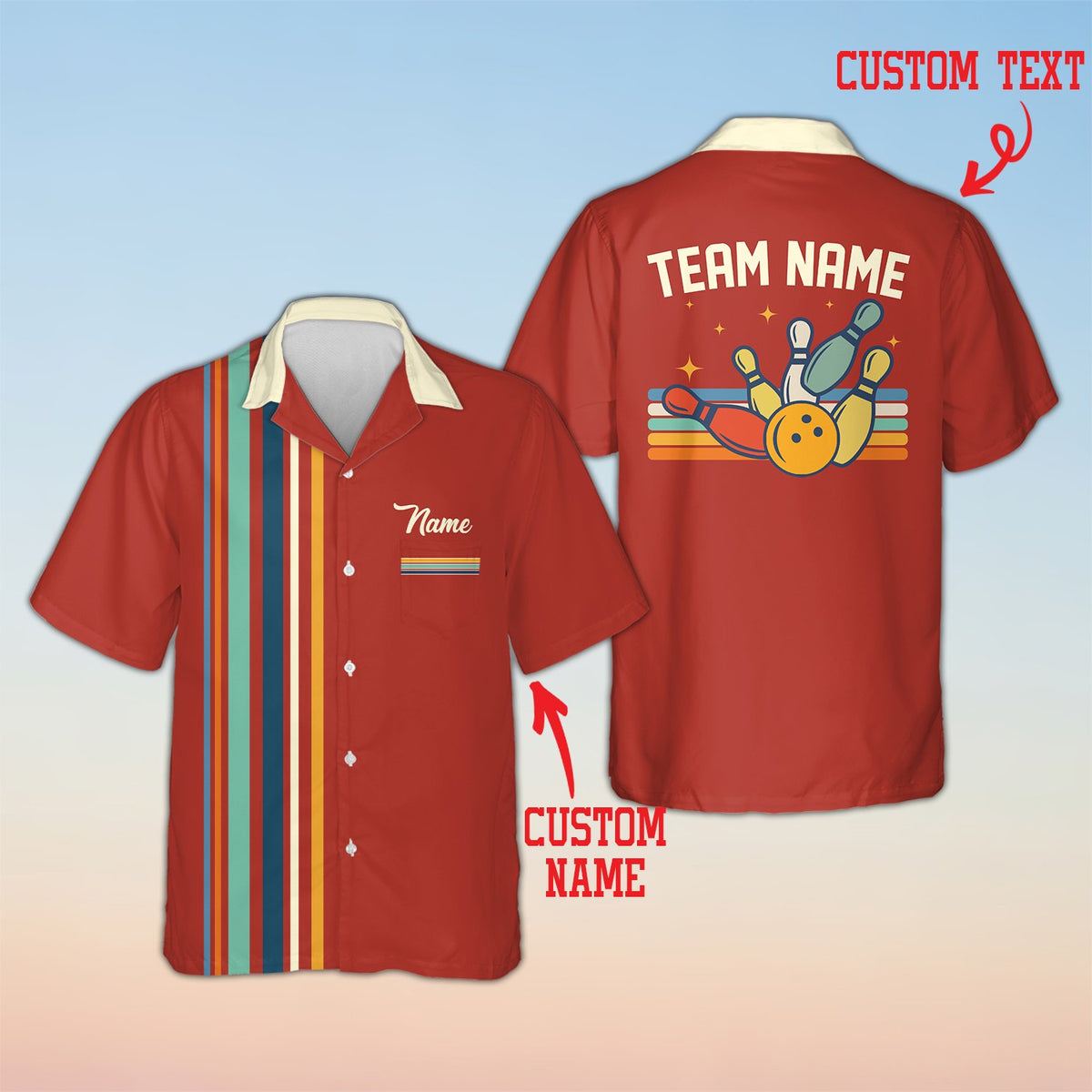 Red retro bowling hawaiian shirt featuring vertical stripes, front view