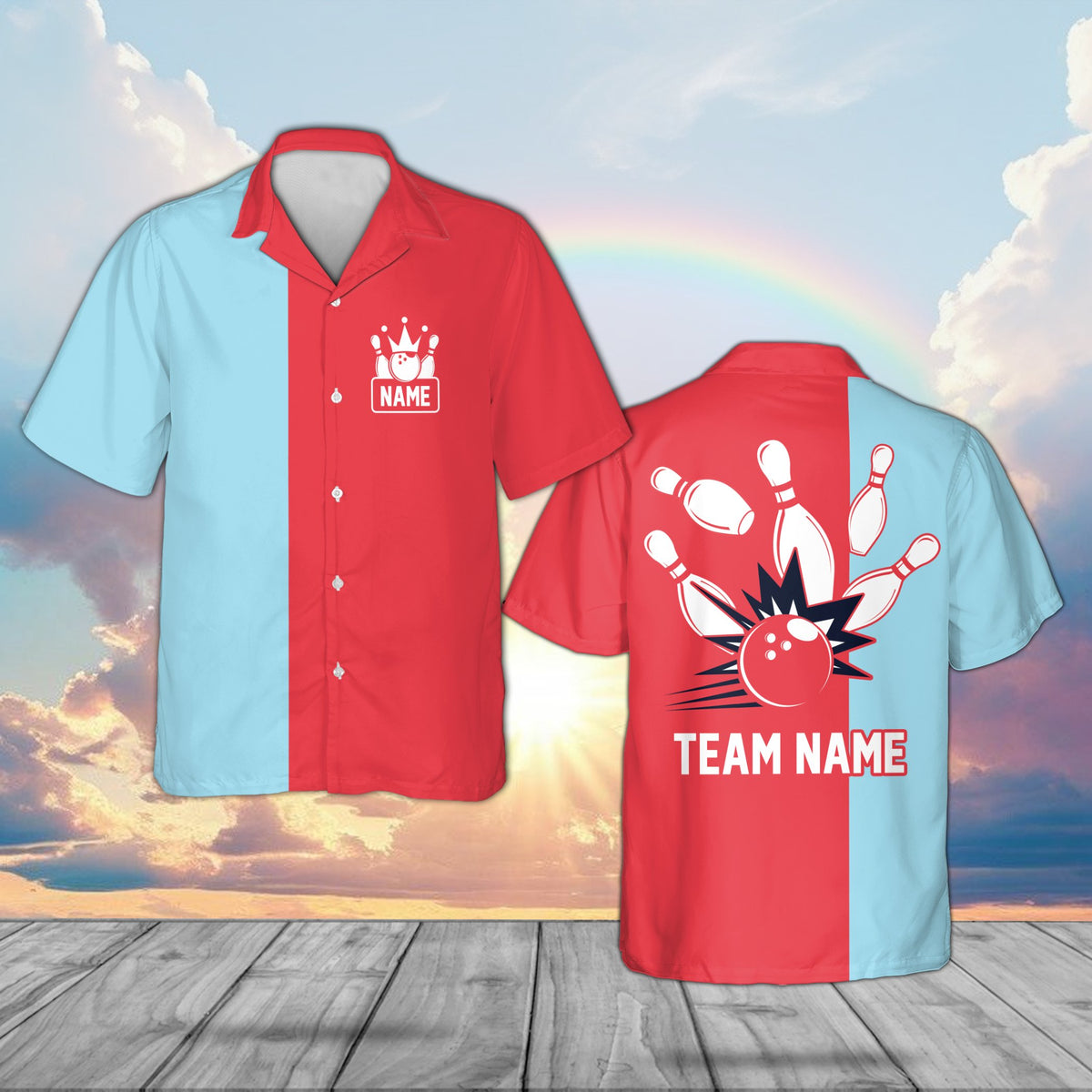 Personalized red bowling hawaiian shirt with custom name, front view