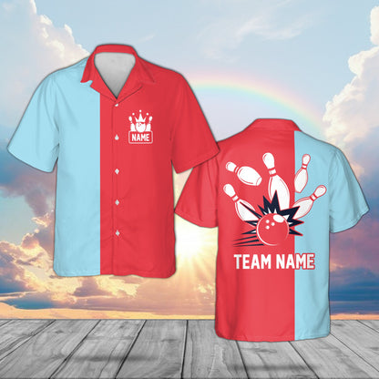 Personalized red bowling hawaiian shirt with custom name, front view