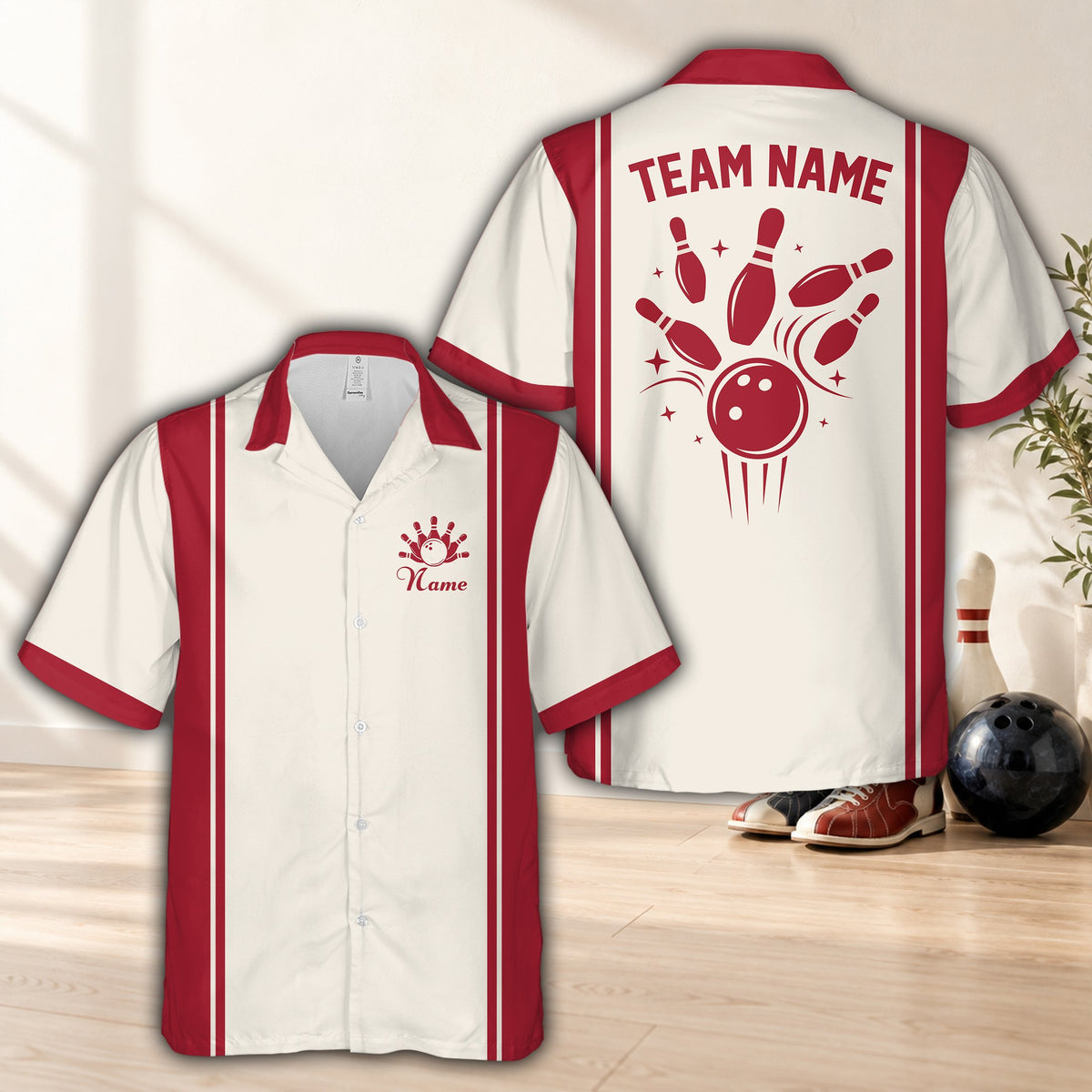 Red retro matching family hawaiian shirt with custom name, front view