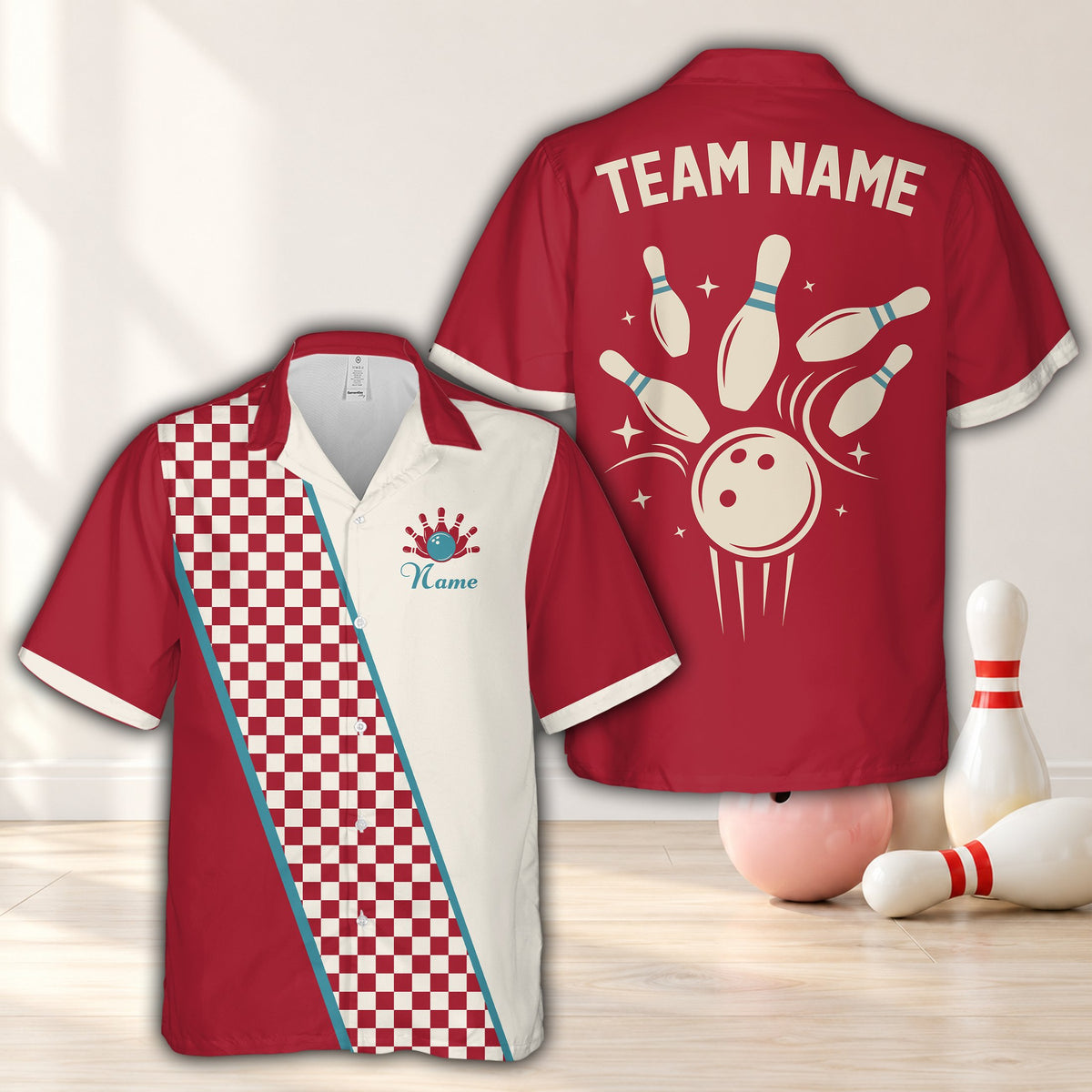 Red custom bowling hawaiian shirt featuring chest crest, front view