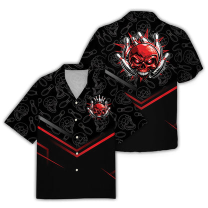 Bowling skull hawaiian shirt featuring a red skull and crossed pins, front view