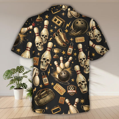 Back view of the black hawaiian shirt with a vintage bowling skulls and strike ticket pattern