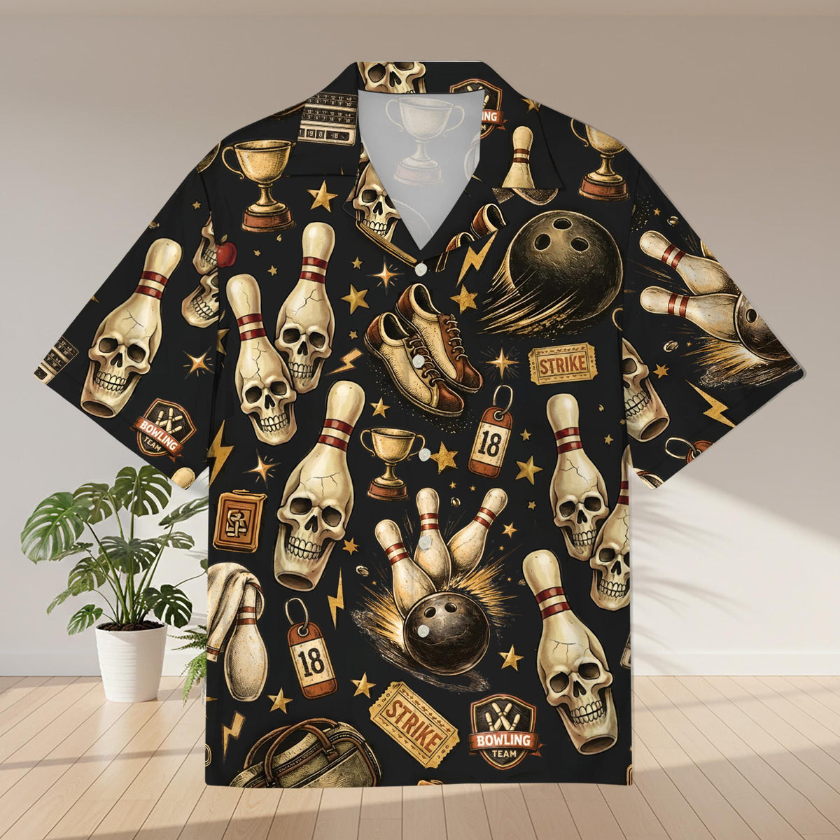 Front view of the bowling skulls hawaiian shirt featuring vintage bowling elements on a black background