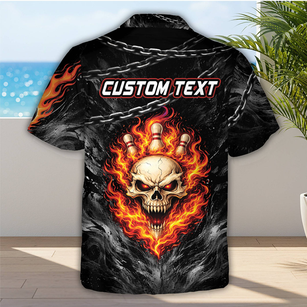 Back view of the custom bowling skulls hawaiian shirt showing the metal chain design