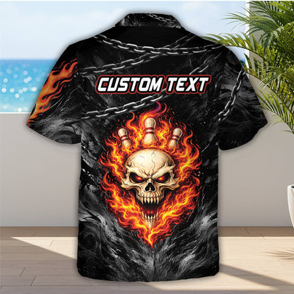 Back view of the custom bowling skulls hawaiian shirt showing the metal chain design