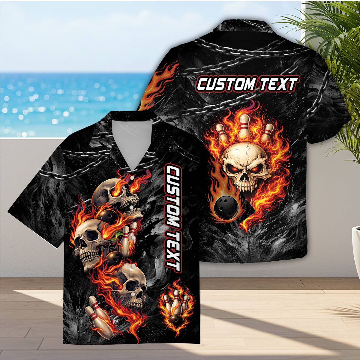 Front view of the bowling skulls hawaiian shirt with custom text