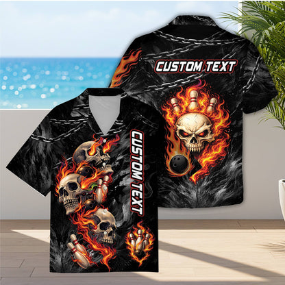 Front view of the bowling skulls hawaiian shirt with custom text