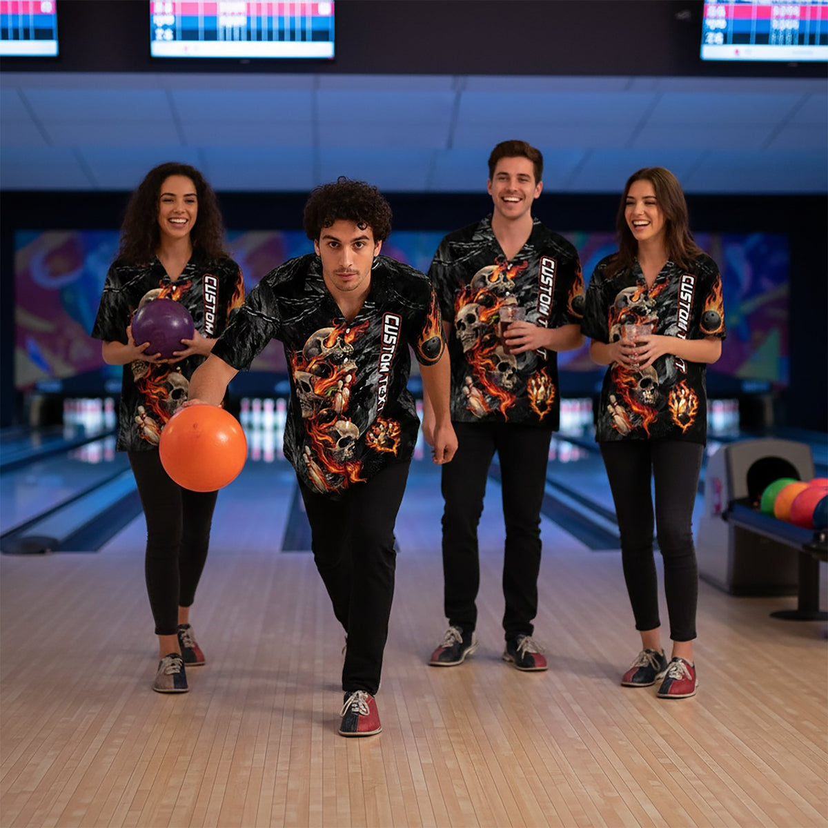 Second lifestyle view of the bowling skulls hawaiian shirt